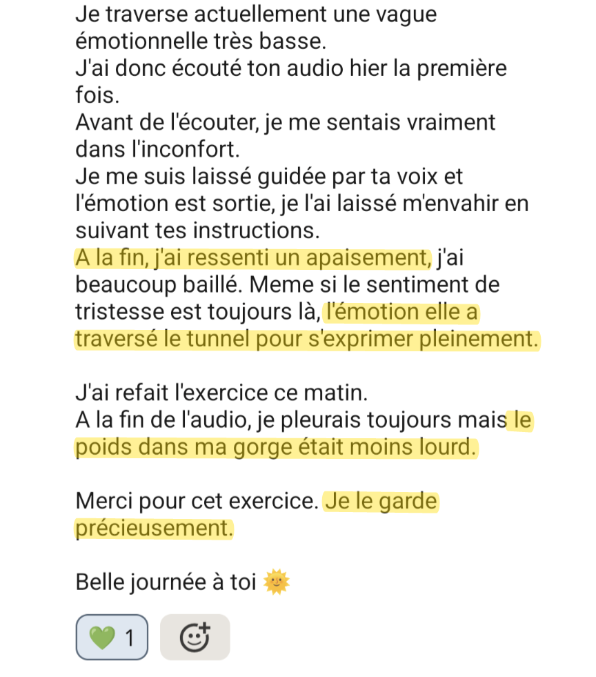 Message d’une personne après avoir écouté l’audio pendant une vague émotionnelle
