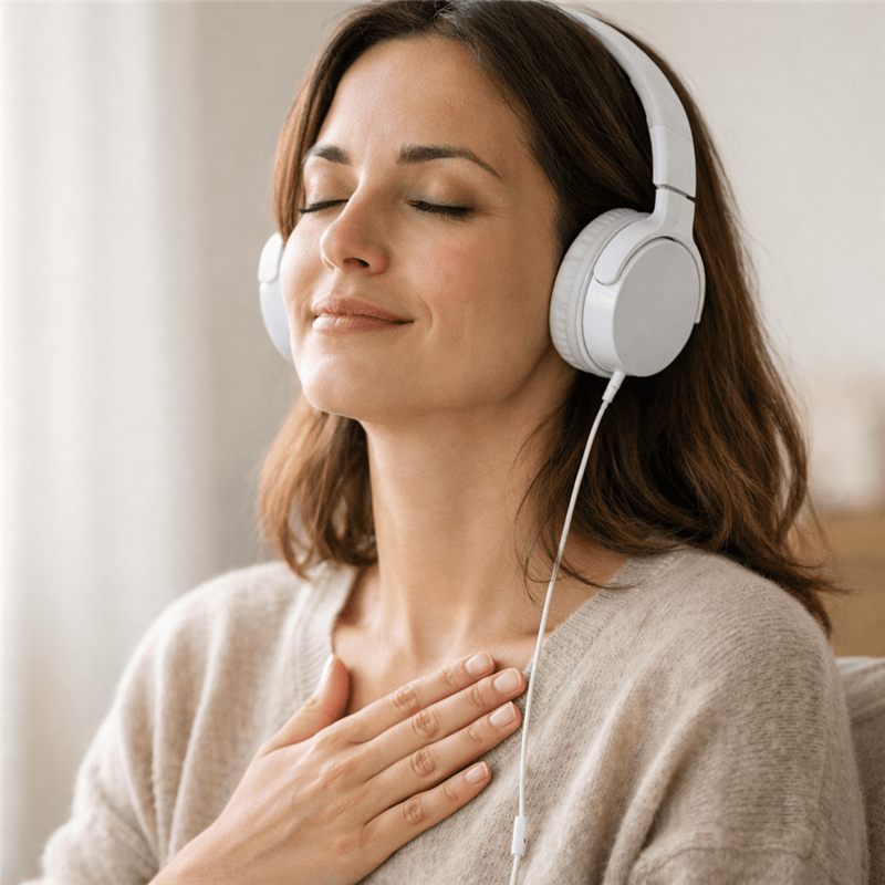 Une femme écoute un audio, les yeux fermés, la main sur le cœur