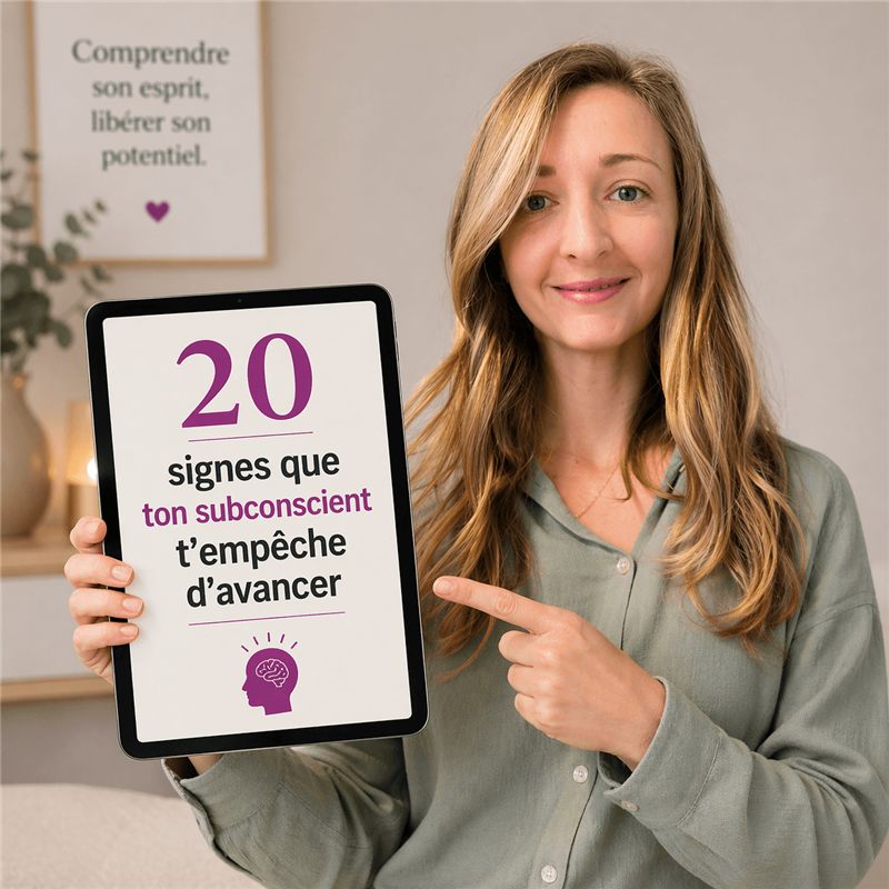 Marlène Braka présente l’e-book « 20 signes que ton subconscient t’empêche d’avancer » sur une tablette