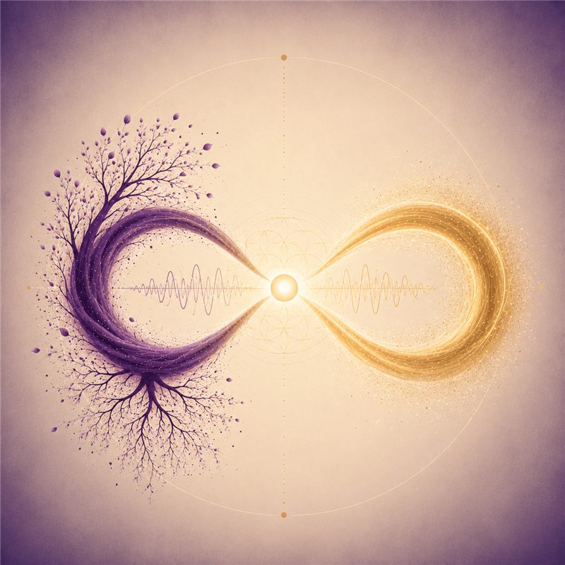 Le symbole de l’infini, mi-arbre prune, mi-lumière dorée